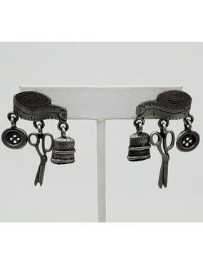 Vintage Sewing Theme Dangle Earrings Scissors Thimble Button Tape Measure